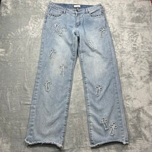 Austin Landing‎ Cross Patch Wide Leg Jeans Womens Light Blue Studded Raw Hem 11